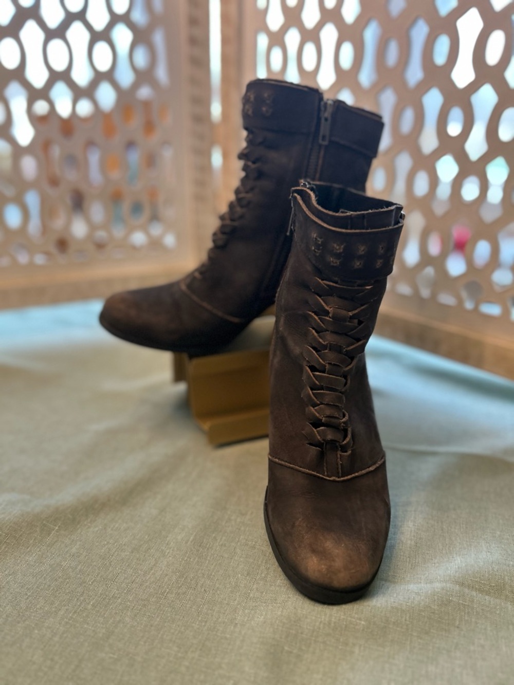 Harley-Davidson Brown Lace-Up Leather Boots with Side Zip